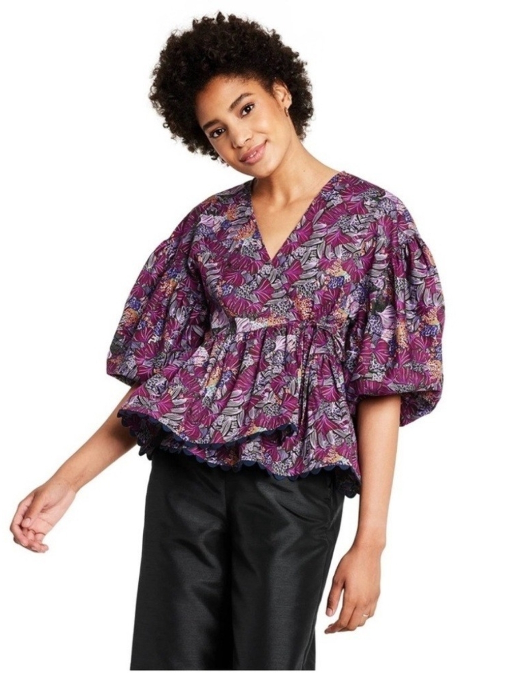 Kiki Vargas for Target - Purple Floral Puff-Sleeve V-Neck Peplum Top